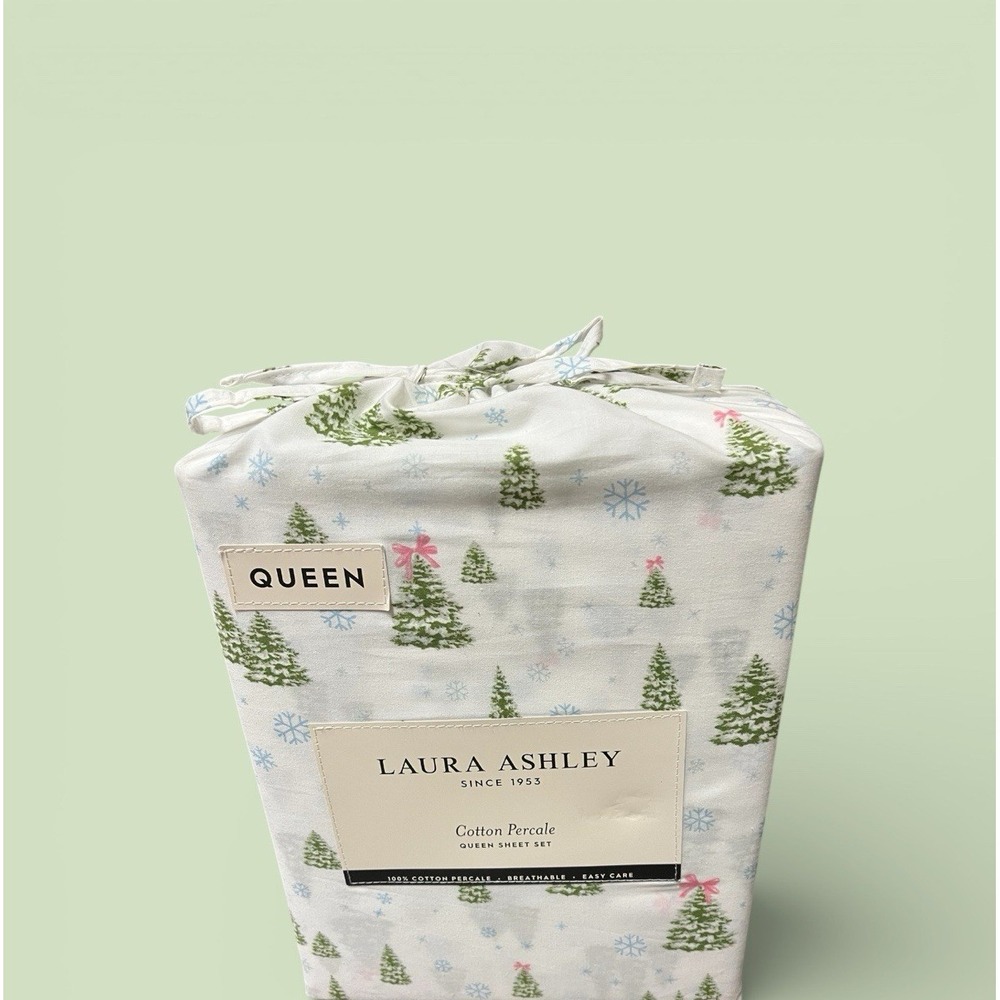 Laura Ashley Queen‎ Percale Sheet Set 100% Cotton Winter Wonderland Green Trees